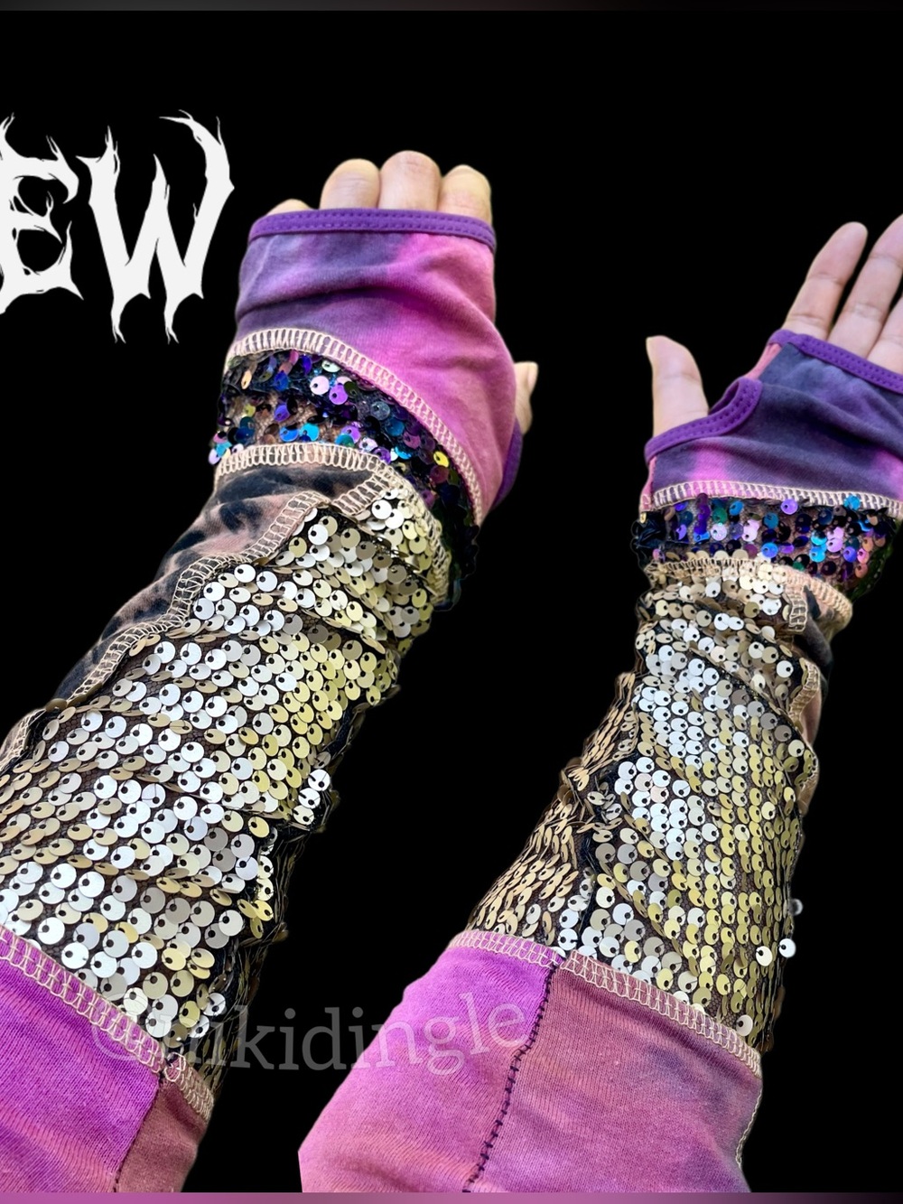 Dolls Kill Purple Sequin Fingerless Gloves Arm Warmers Tie dye Punk Grunge XS S